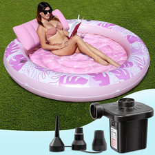 Inflatable Tanning Pool Float 72x65 with Pillow, Pump, Cup Holders, Rope, Pink L