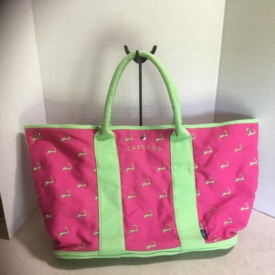 Cuffys Cape Cod Tote Bag Pink & Green Embroidered State Of Mass