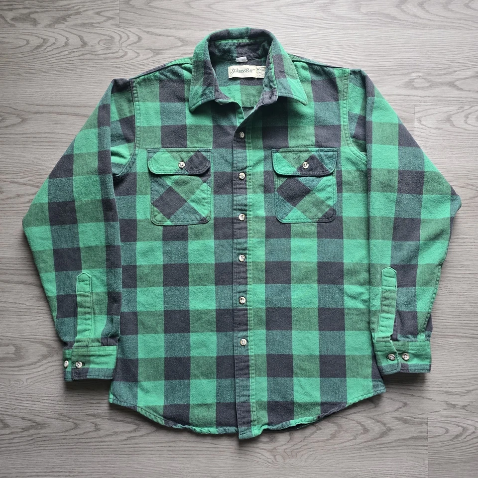 Camisa de algodão flanela manga longa xadrez St. John's Bay relógio preto anos 80 vintage EUA M - Imagem 2 de 4