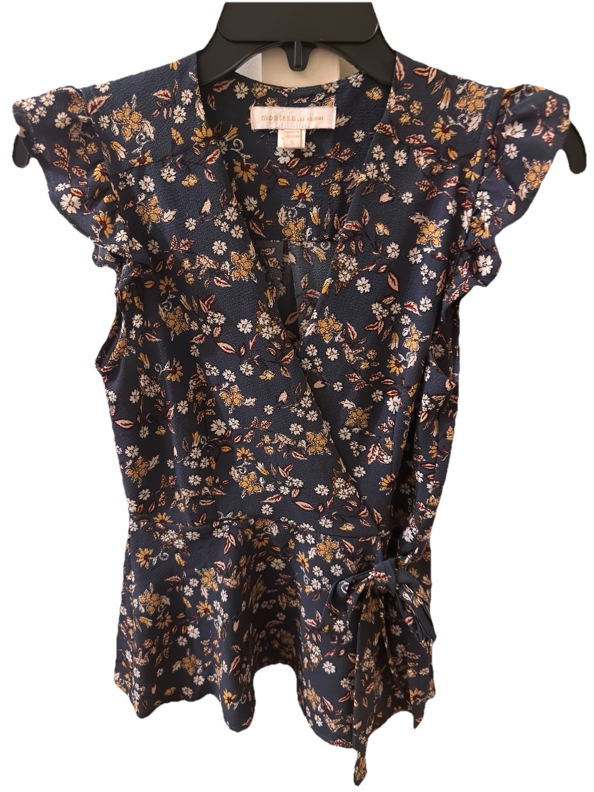 Women’s Floral Peplum Faux Wrap, Blue, Flutter Sleeve V-Neckline Top Size Small