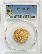 1909 D GOLD USA $5 INDIAN HEAD HALF EAGLE COIN PCGS MINT STATE 63