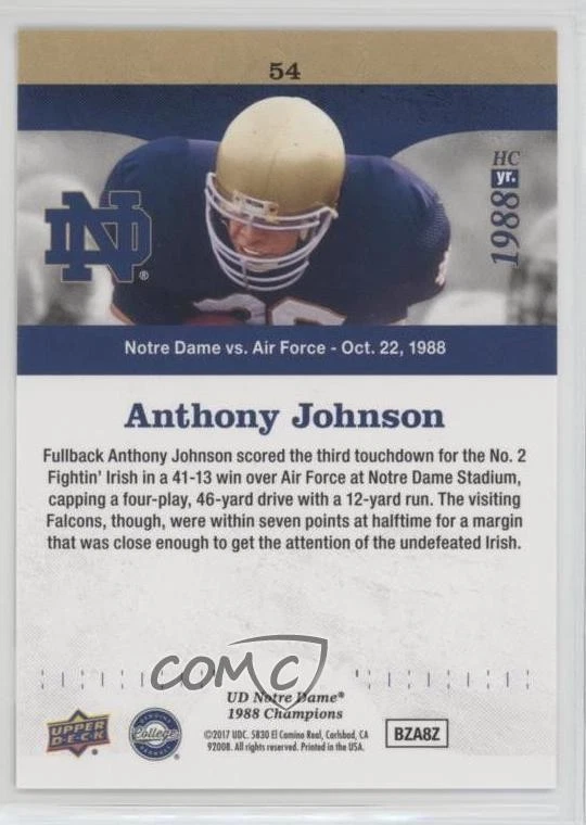 2017 Upper Deck Notre Dame 1988 Championship Gold Rushing TD for Anthony Johnson - Image 2 of 2