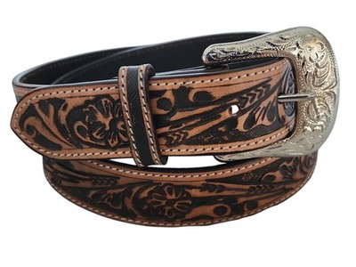 Buckle Tooled Leather Waist Western Rodeo Two Tone Brown Tooled
