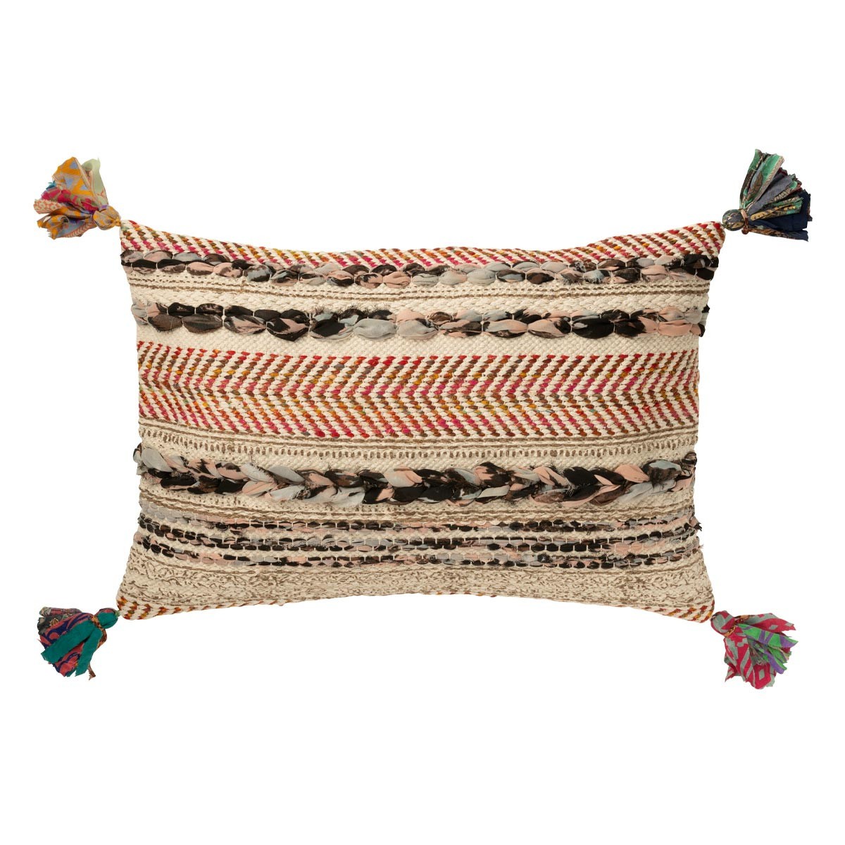 Coussin rectangulaire boheme Chindi multicolore 40x60 cm pour embellir un canapé en bois