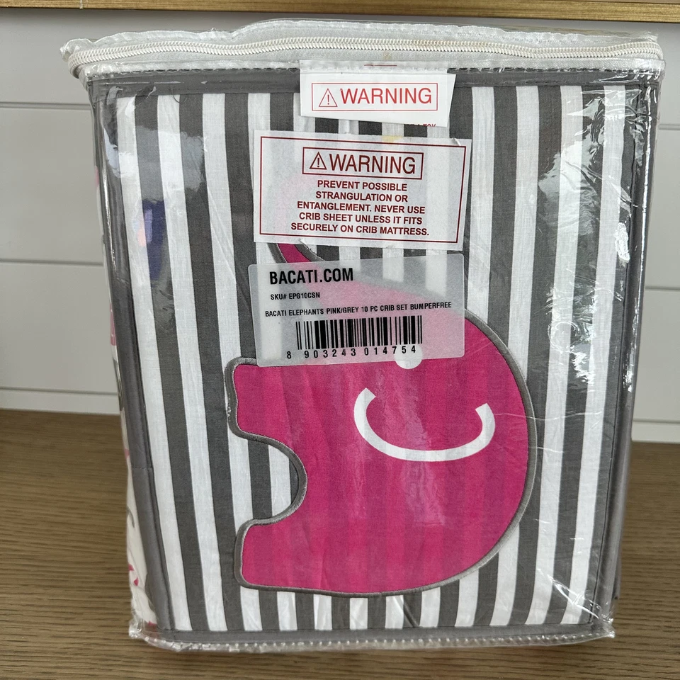 Bacati - Juego de cama de cuna de 10 piezas para elefantes con música móvil - Nuevo en bolsa Foto 3 de 4
