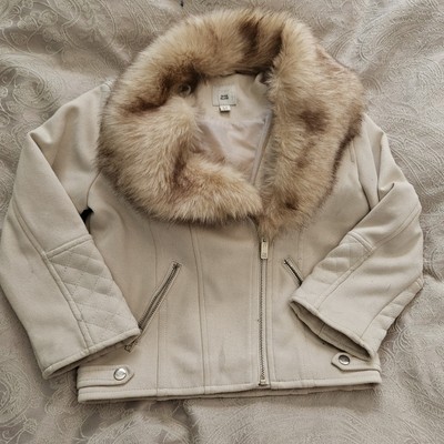 Girls River Island Jacket Cream Suede Look With Fur Collar Age 4-5