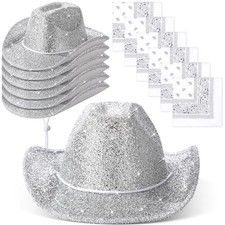 12 Pcs Sparkly Adults Cowboy Hat and Bandanas Women Men Silver Chunky Glitter