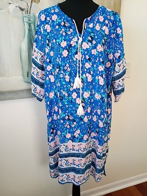 Halife Women's Boho Floral Cotton Light Weight Dress Size XL Blue Pink Green 