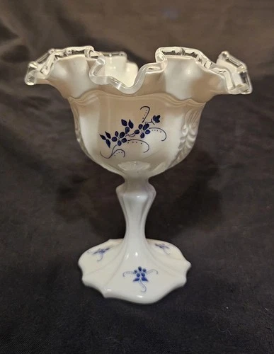 Fenton Milk Glass Opalescent Trim Blue Floral Footed Vase Painted By D Fredrick