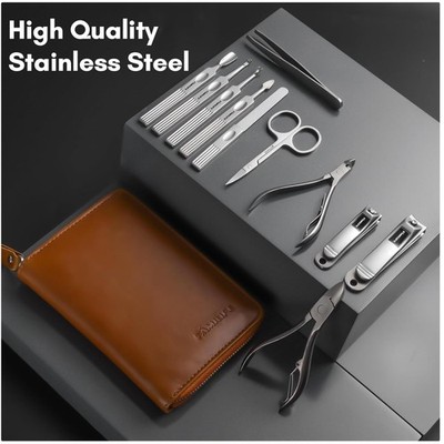 Stainless Steel Nail Clippers Kit with Leather Case