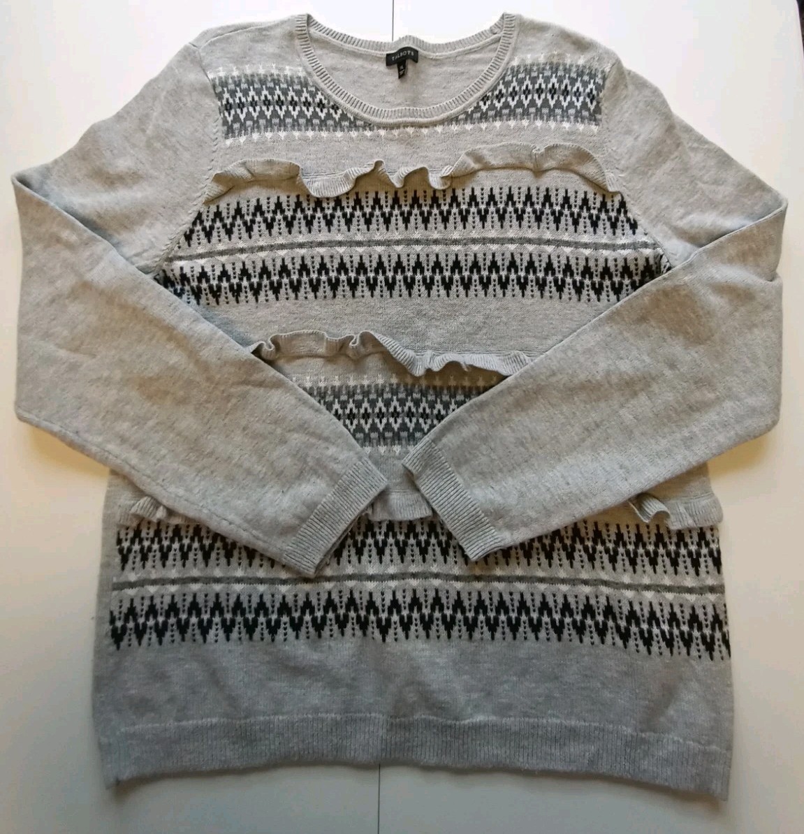 Talbots Sweater Women's XL Fair Isle Lambswool Blend Ruffle Gray Nordic