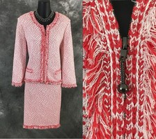 BEAUTIFUL St John knit red white multi fringe jacket skirt suit size 10