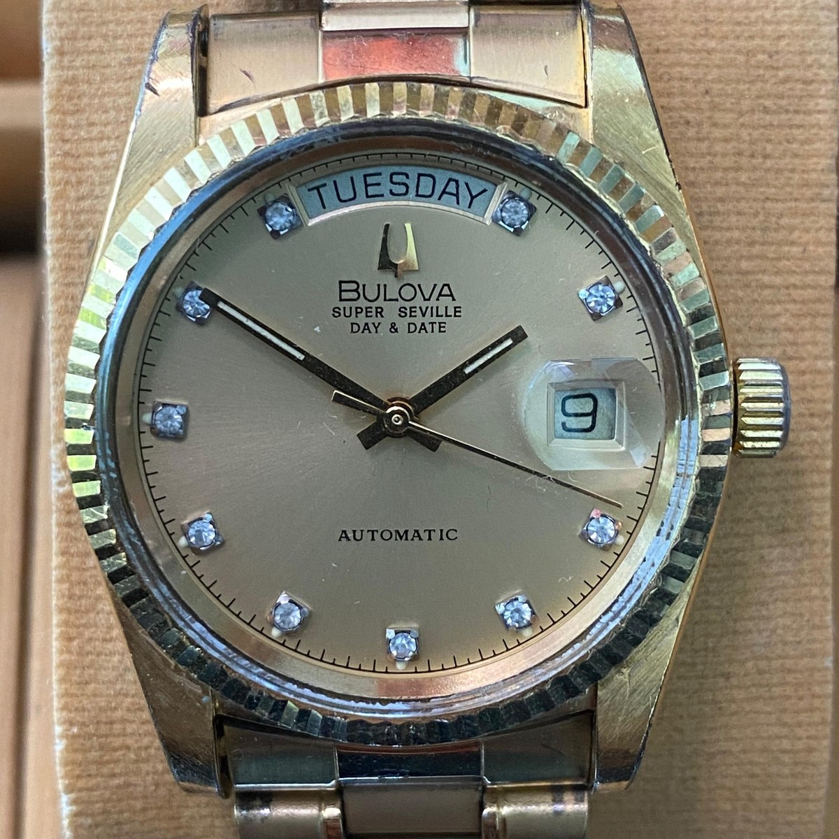 RARE BULOVA Super Seville Day & Date Automatic Gold Dial Diamond