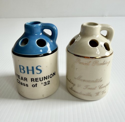 2 Vtg Ceramic Souvenir Pencil Parking Holders, Mercantile Bank, Moundsville, WV