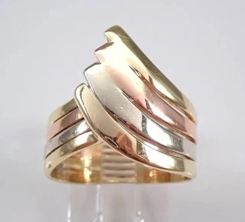 14K Three Tone Gold Plated Ring Unisex Vintage Multi Row Wraparound Unique Band