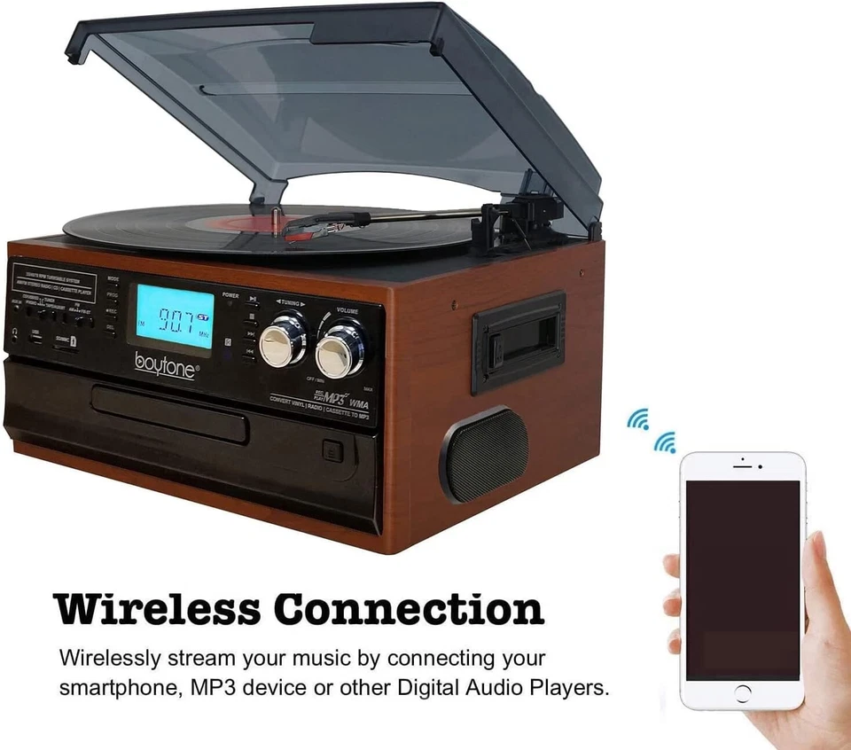 Boytone BT-22MS Bluetooth Record Player Turntable AM/FM Radio Cassette CD USB SD - Image 4 of 4