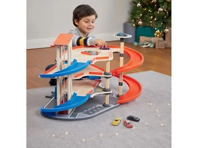 PLAYTIVE stabiles 4 Etagen Holz Parkhaus Parkgarage Parkdeck Garage Lift Aufzug 2x Autos!