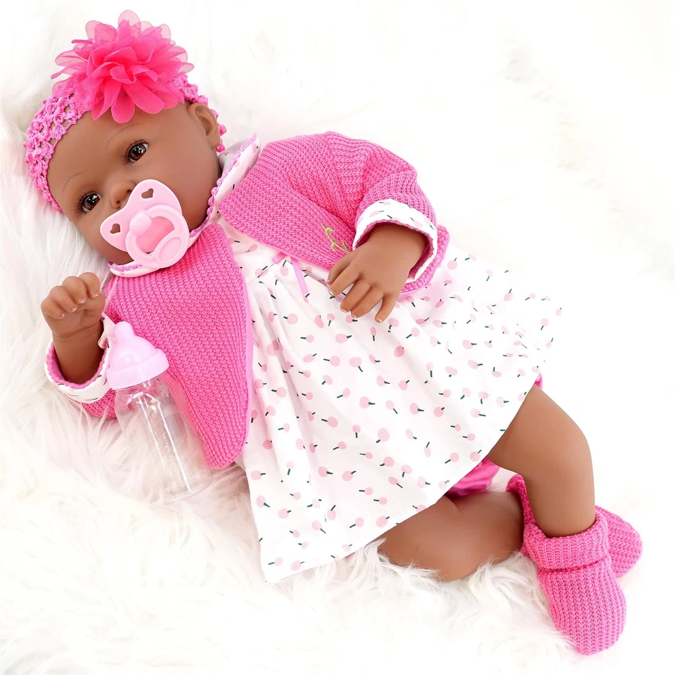 20" Black Baby Doll Reborn Ethnic Girl Realistic Outfit & Accessory BiBi Doll - Image 3 of 4