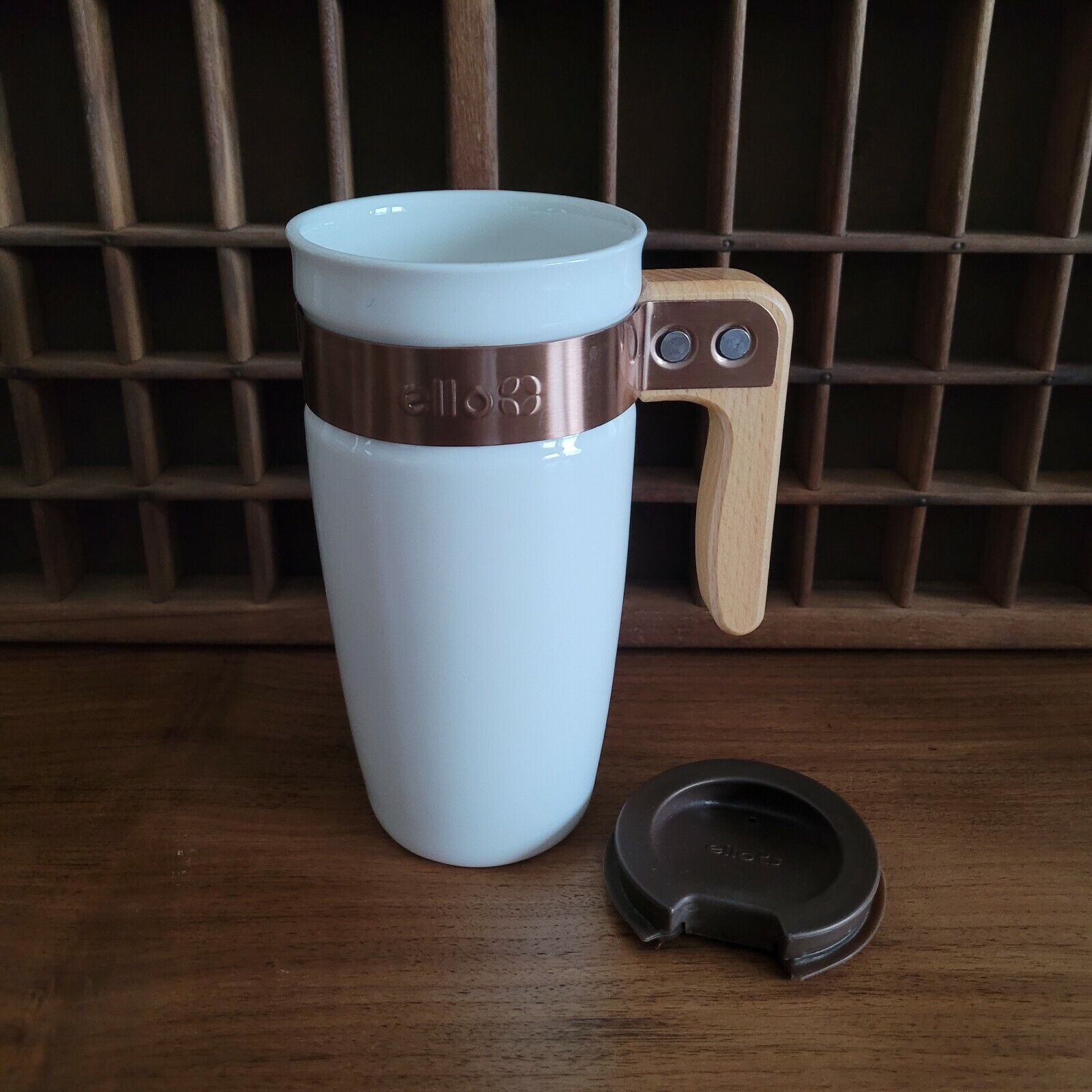 Ello Fulton Ceramic Travel Mug Wooden Handle Coffee Mug Tea Cup White Brown  Lid