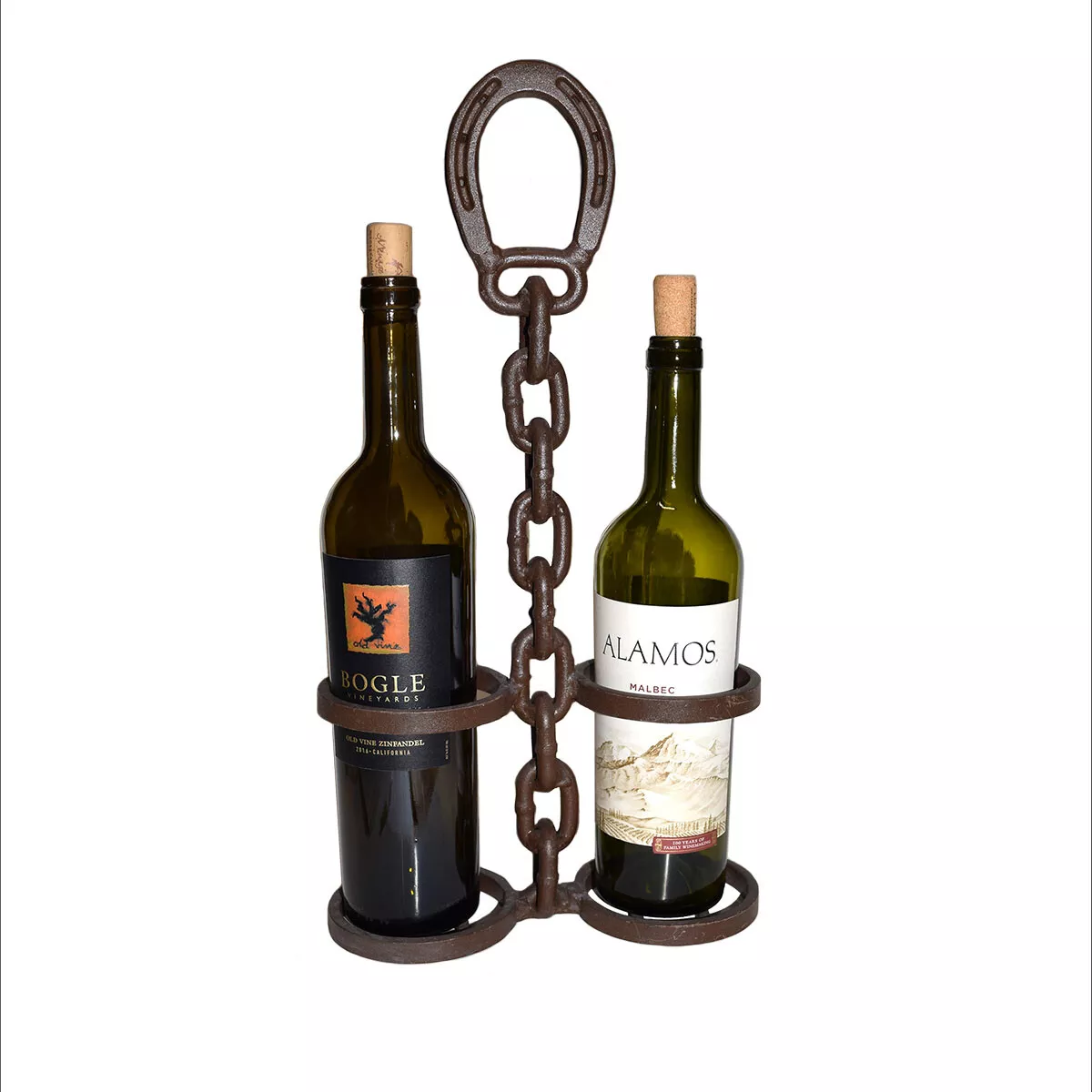 Vintage Steel Hand Crafted Iron Bottle Holder Horseshoe Brown Wine