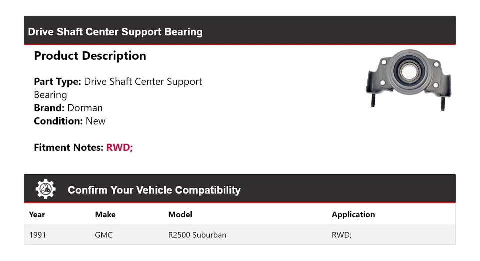 Cojinete de soporte central de eje de transmisión Dorman tracción trasera tracción trasera GMC R2500 1991 Suburban Foto 2 de 4