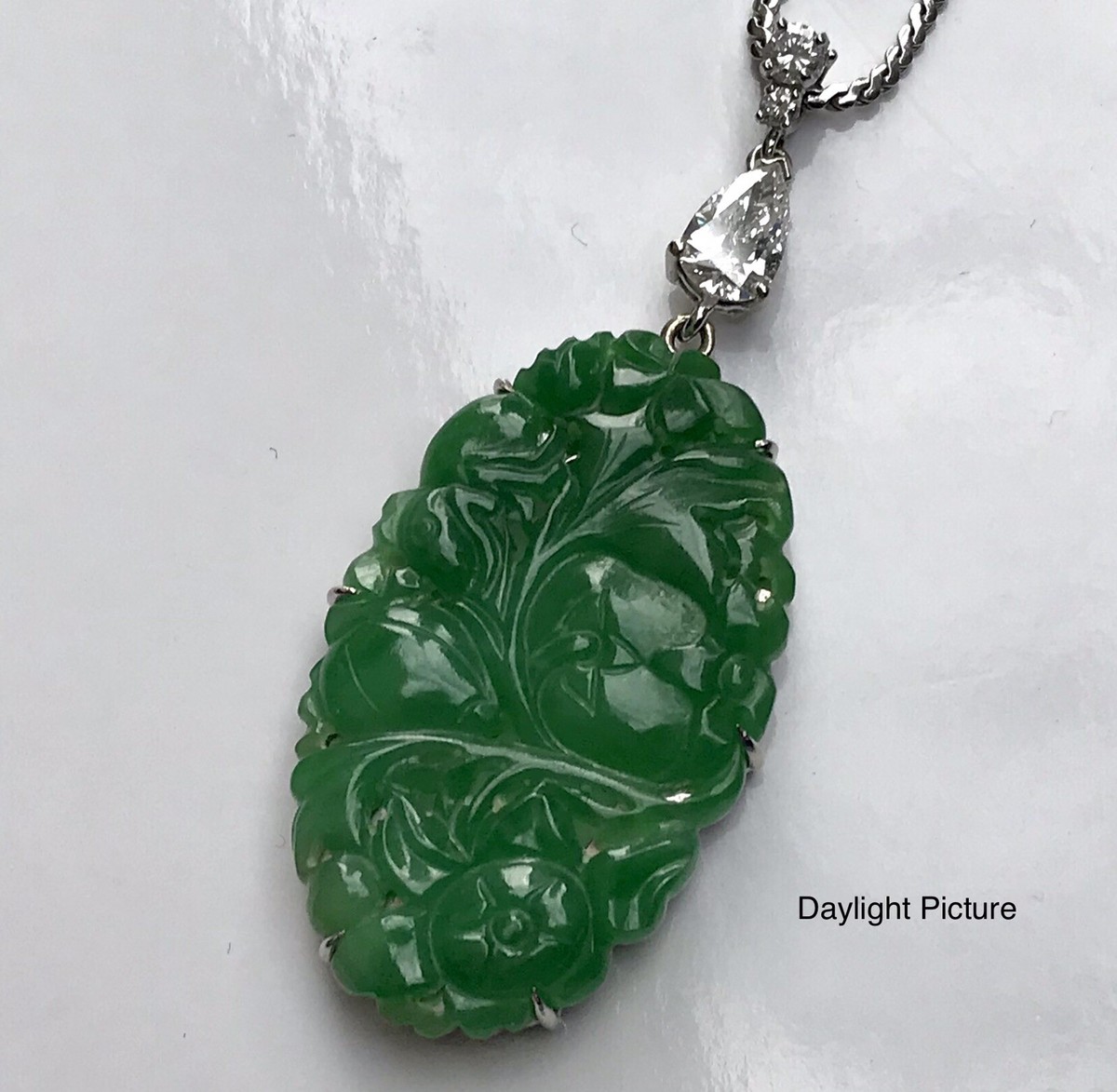Vintage Carved Jadeite Jade With Pear Shape Diamond Pendant
