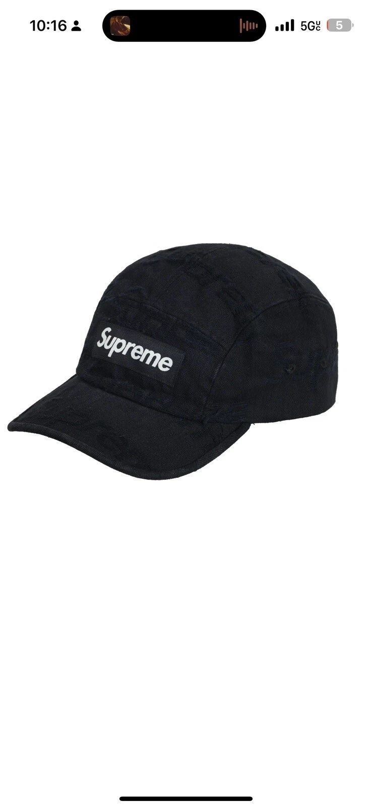 Casquette de camp en denim effiloché suprême logos   noire SS21