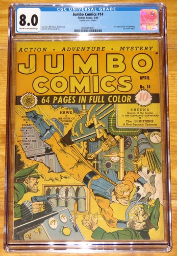 Rare 1940 JUMBO COMICS No. 14 CGC 8.0 SHEENA, THE HAWK, ZX-5, STUART TAYLOR+