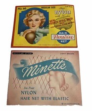 2 Nylon Hair Nets Litho Graphic Paradise Mesh Light Brown Vintage 1948