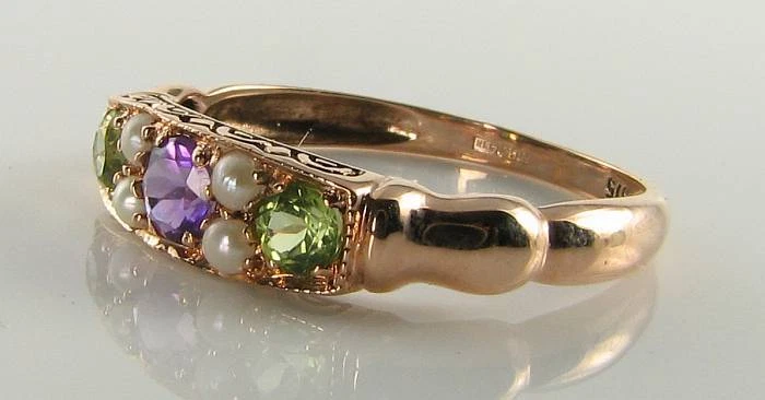 Anillo Art Déco SUFFRAGETTE 9K 9CT Oro Rosa Amatista Peridoto Perla