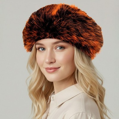 One Size Faux Fur Warm Winter Plush Thickened Beret Hat for Women Orange & Black