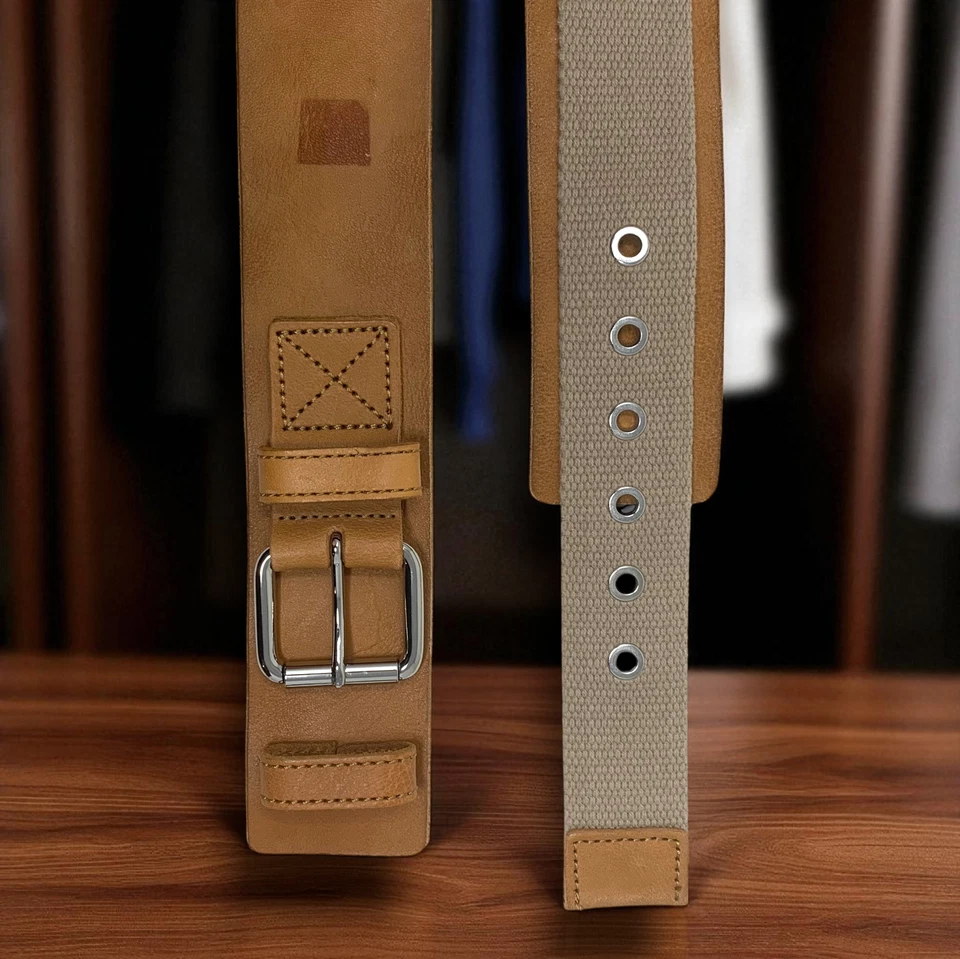 Vintage Y2K Lands' End Sz XS Leather & Canvas Wide Waist Cinch Safari Belt READ - Image 2 of 4