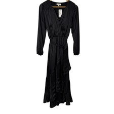 Mila Mae NEW Flawed Black Asymmetric Satin Pleated Belted Dress SM Party Evening