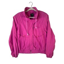 Vintage YR Pink Windbreaker Jacket Womens Medium 80s Retro Fuchsia Bomber Zip Up