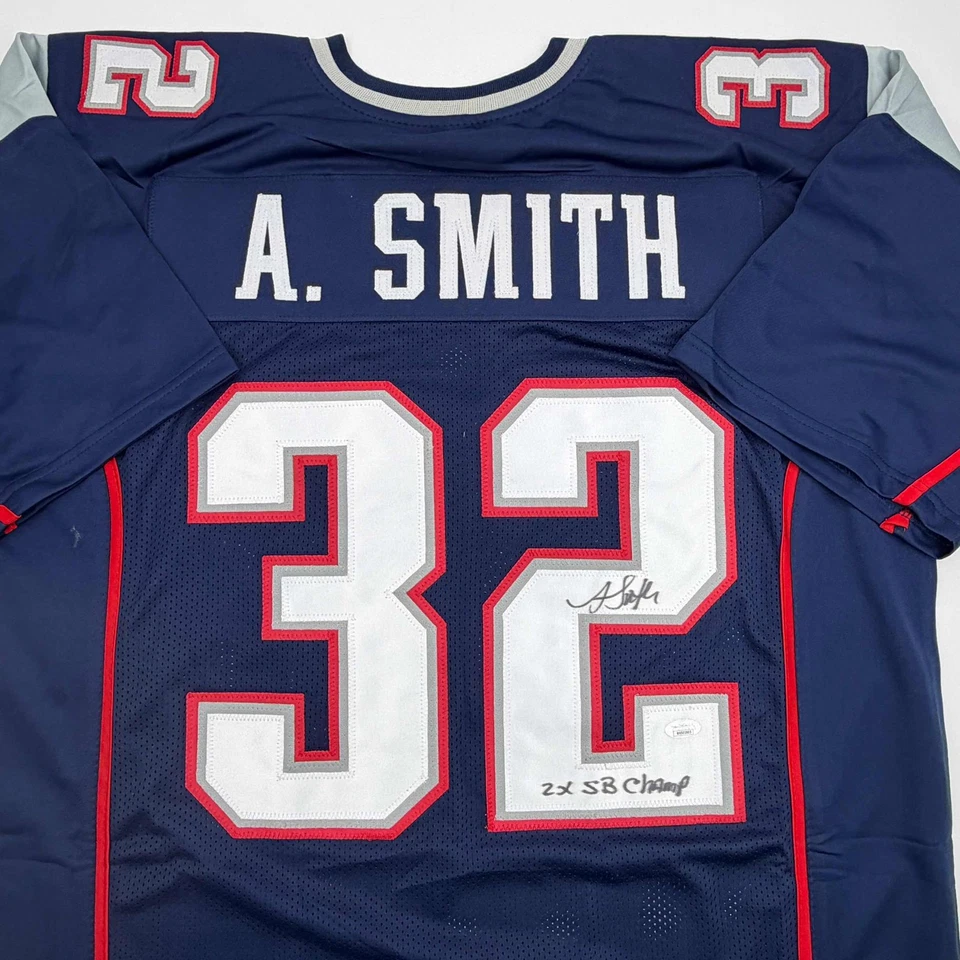 Camiseta deportiva azul autografiada/firmada Antowain Smith 2x SB Champ New England certificado de autenticidad JSA Foto 2 de 4