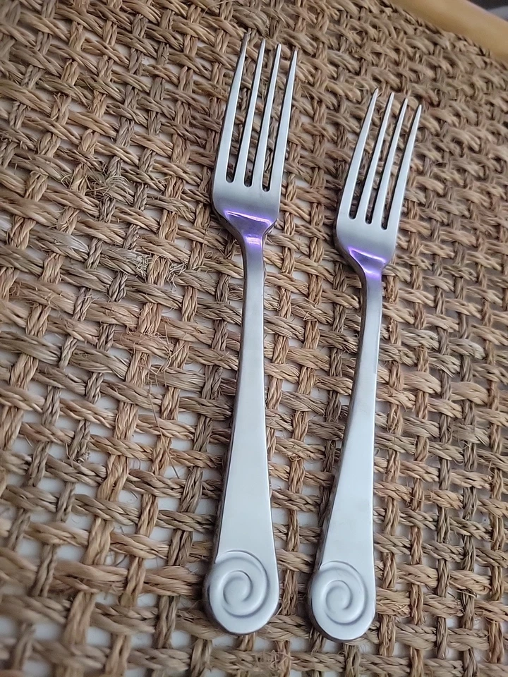 2 Robert Welch Ammonite Satin Spiral Salad Dessert Forks 6 3/4" Stainless - Image 3 of 4