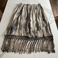 Womens CHICOS 1 Brown Black and Beige Tie Dye Fringed Skirt Pull On Sz Small NWT