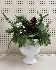 Greenery, Berries, and Pinecones Arrangement in White Ceramic Pot Christmas