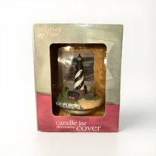 NOS Candle Topper Jar Cover Lighthouse Nautical 4.5" tall Black White NEW in Box
