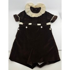 Antique Boys Brown Velvet 2pc Short Set Lace Ruffle Collar Ring Bearer Holiday