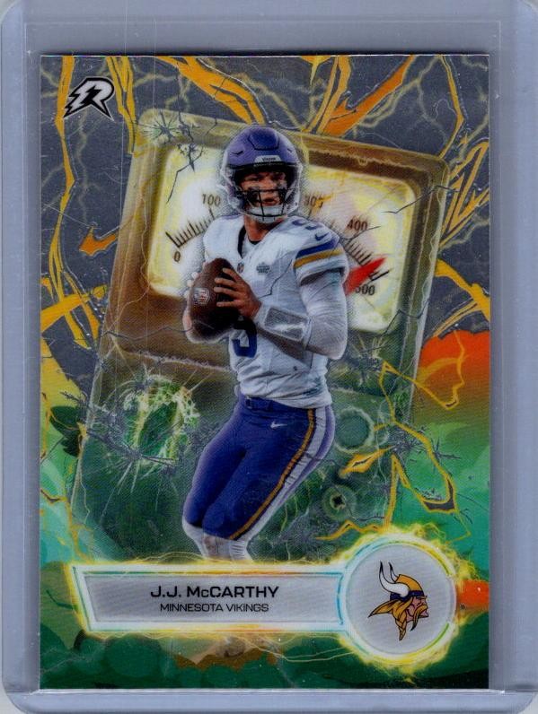 2025 Topps Resurgence #VT-20 J.J. McCarthy Voltaic Navy Surge Refractor #/275