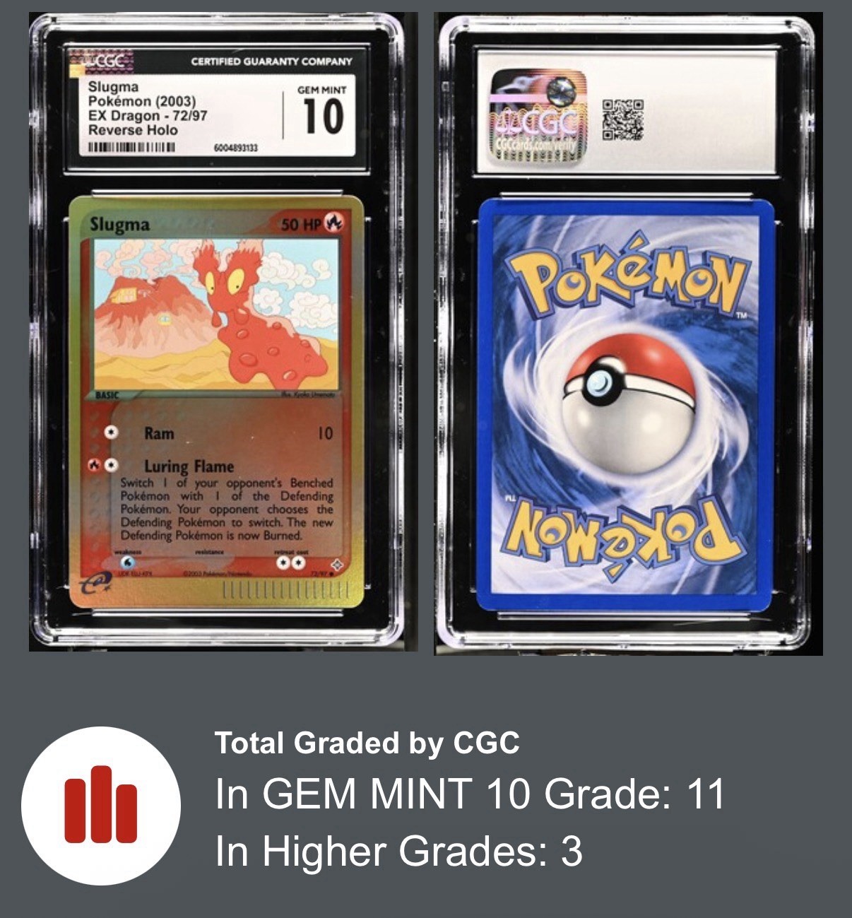CGC 10 Pokemon Slugma EX Dragon Reverse Holo #72 Gem Mint PSA