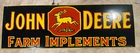 Vintage John Deere Farm Implements Porcelain Enamel Sign 72x24 Inch.