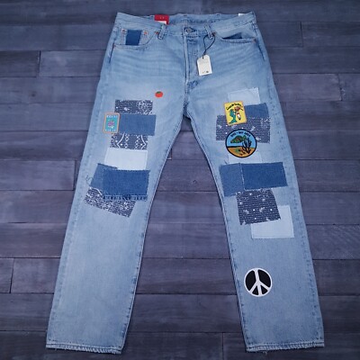 LEVIS 501 150th Anniversary Patchwork Denim Jeans Mens 38x30 Fishing Peace
