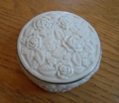 Vintage Ivory Porcelain Round Trinket Dish With Lid-Raised Roses-Gold Trim