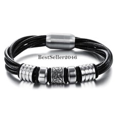 Men Black Leather Bracelet Genuine Stainless Steel Magnetic Clasp Boys Bangle 8"