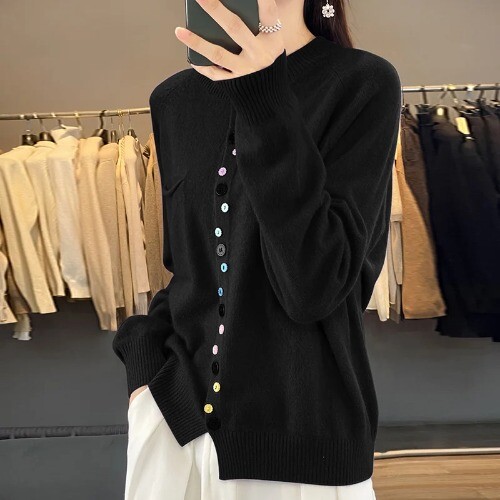 Cardigan Worsted Wool Knitted Sweater Round Neck Single Breasted Coat Pockets - Bild 8 von 31