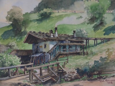 Landschaft mit Berghütte Aquarell Lud. Amann 1928 (707)