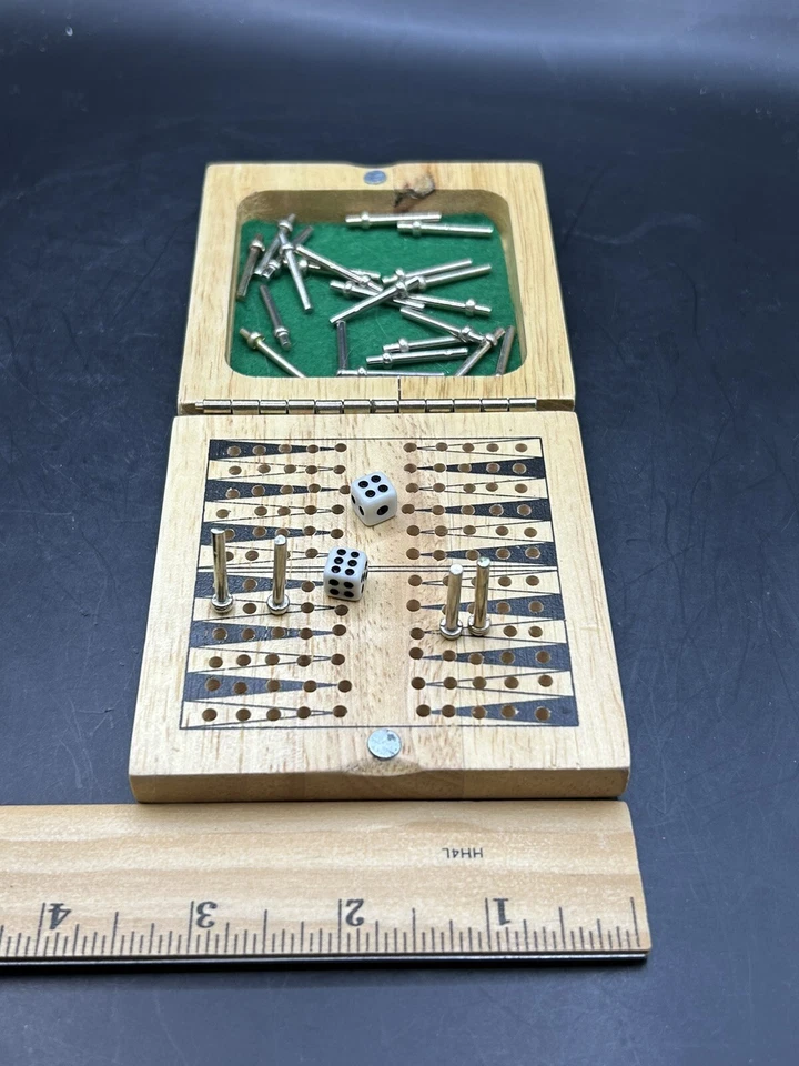 Vintage Travel Backgammon Game Wood Fold Portable 4 inches - Image 3 of 4