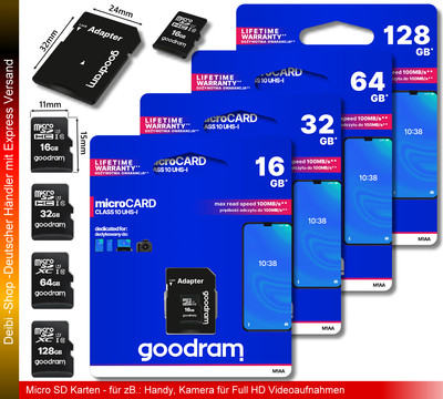 SD Speicherkarte 256/128/64/32/16GB micro sd Card Class10 SDHC SDXC+Adapter OVP
